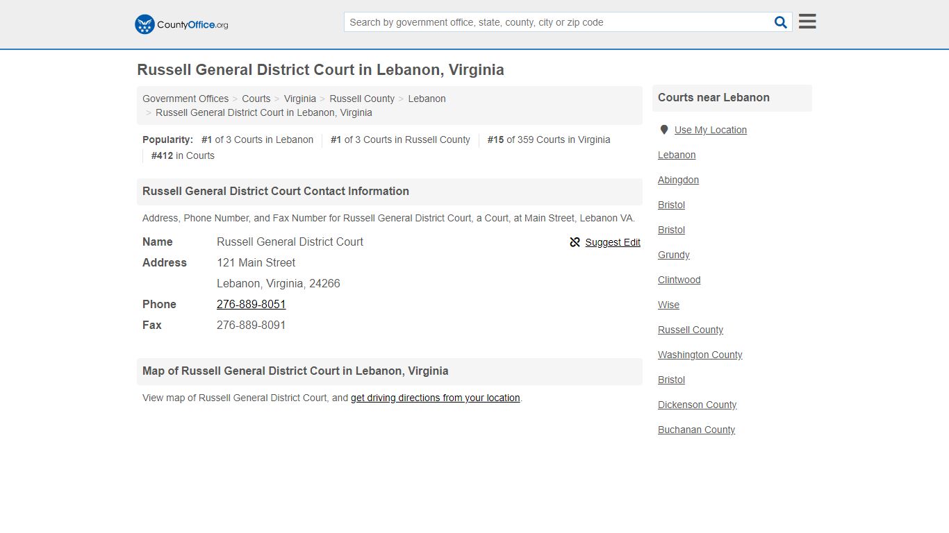 Russell General District Court in Lebanon, Virginia - County Office